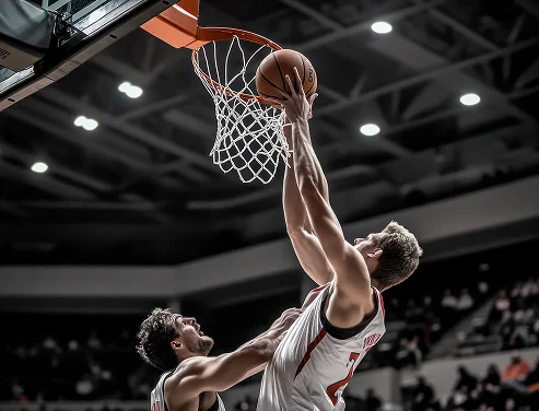 Um jogador de basquetebol com camisola branca está a enterrar a bola no cesto, com um adversário a contestar de perto. A ação é intensa e dinâmica.