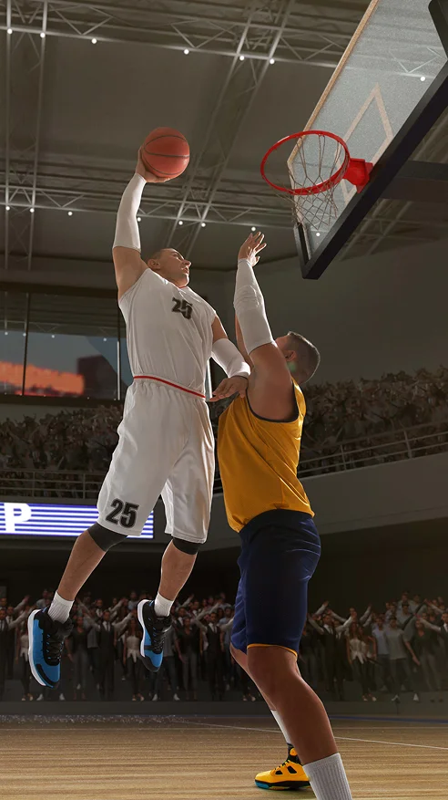 Um jogador de basquetebol com uniforme preto tenta uma enterrada espetacular, saltando alto em direção ao cesto. Os seus companheiros e adversários observam com intensa concentração.